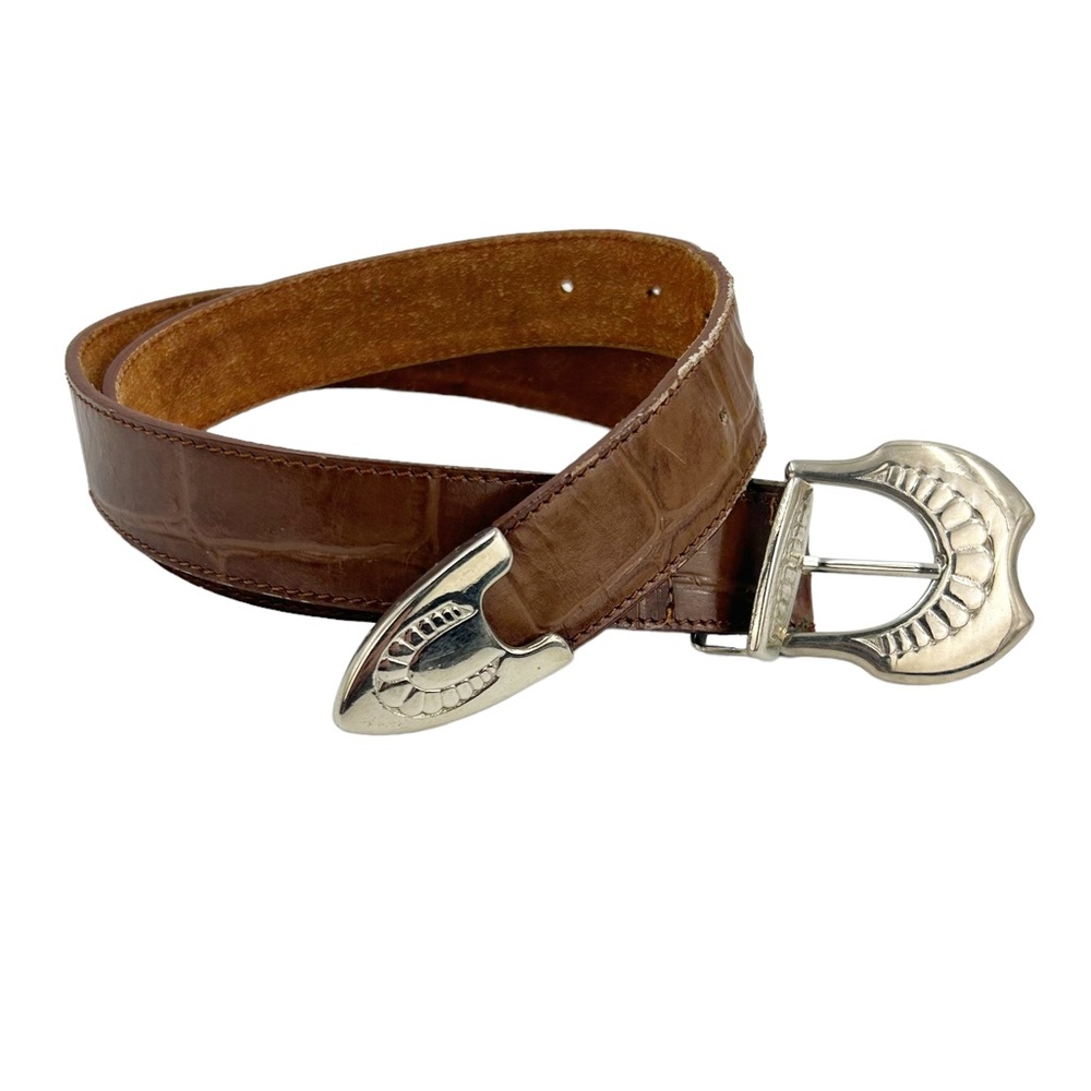 Donna Kay | Vintage Crocodile Embossed Brown Leather Belt Silver Hardware Size L